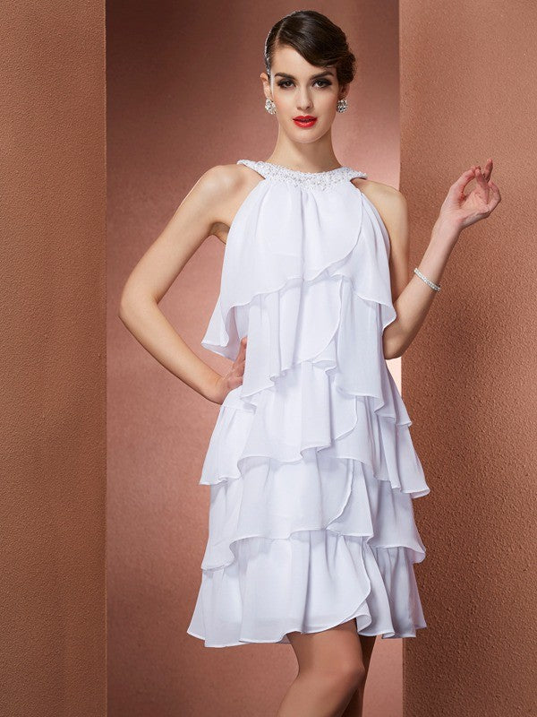 A-Linie Chiffon U-Ausschnitt Ärmellos Kurz/Mini mit Perlen verziert Heimkehr Kleider