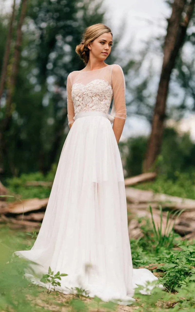 A-line Sweetheart Long Sleeve Chiffon Tulle Lace Satin Wedding Dresses With Illusion