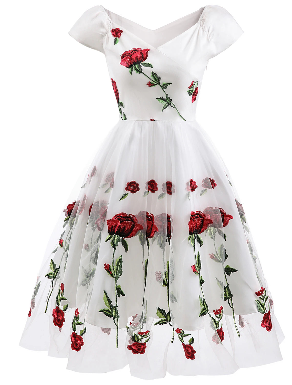 Vestido de cóctel de corte A, vestido de fiesta, largo hasta la rodilla, manga corta, hombros descubiertos, organza con apliques bordados