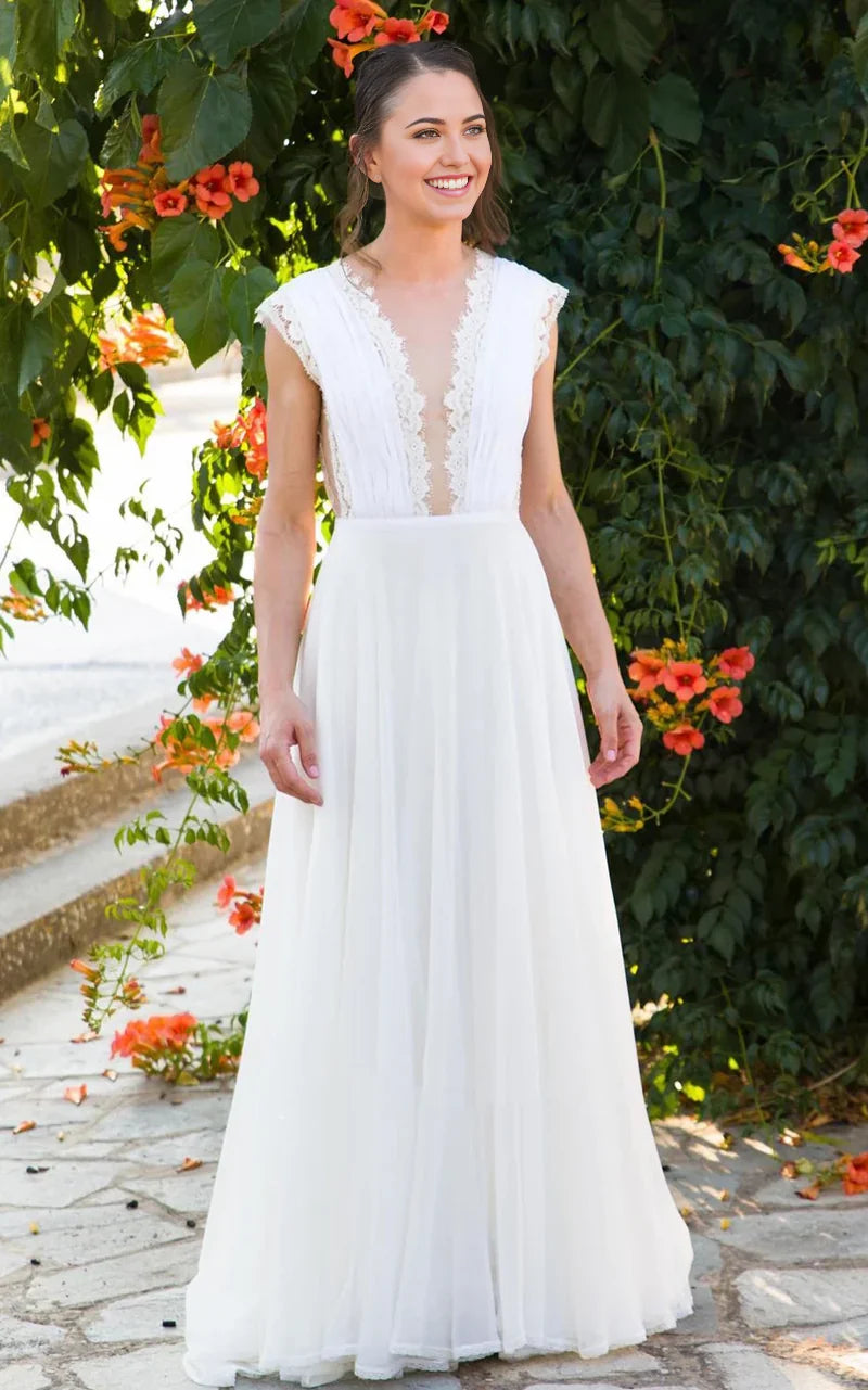 A-Line Neckline Chiffon Lace Wedding Dress With Open Back And Pleats