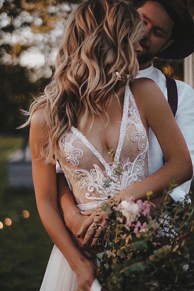 Beach A Line V Neck Tulle Beads Lace Bridal Dresses Wedding Dresses with Appliques