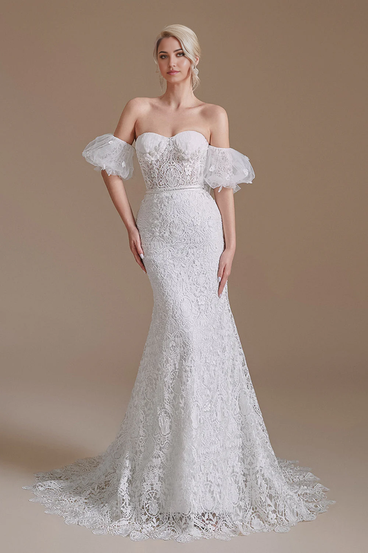 Beach Mermaid Sweetheart Off the Shoulder Lace Long Wedding Dresses