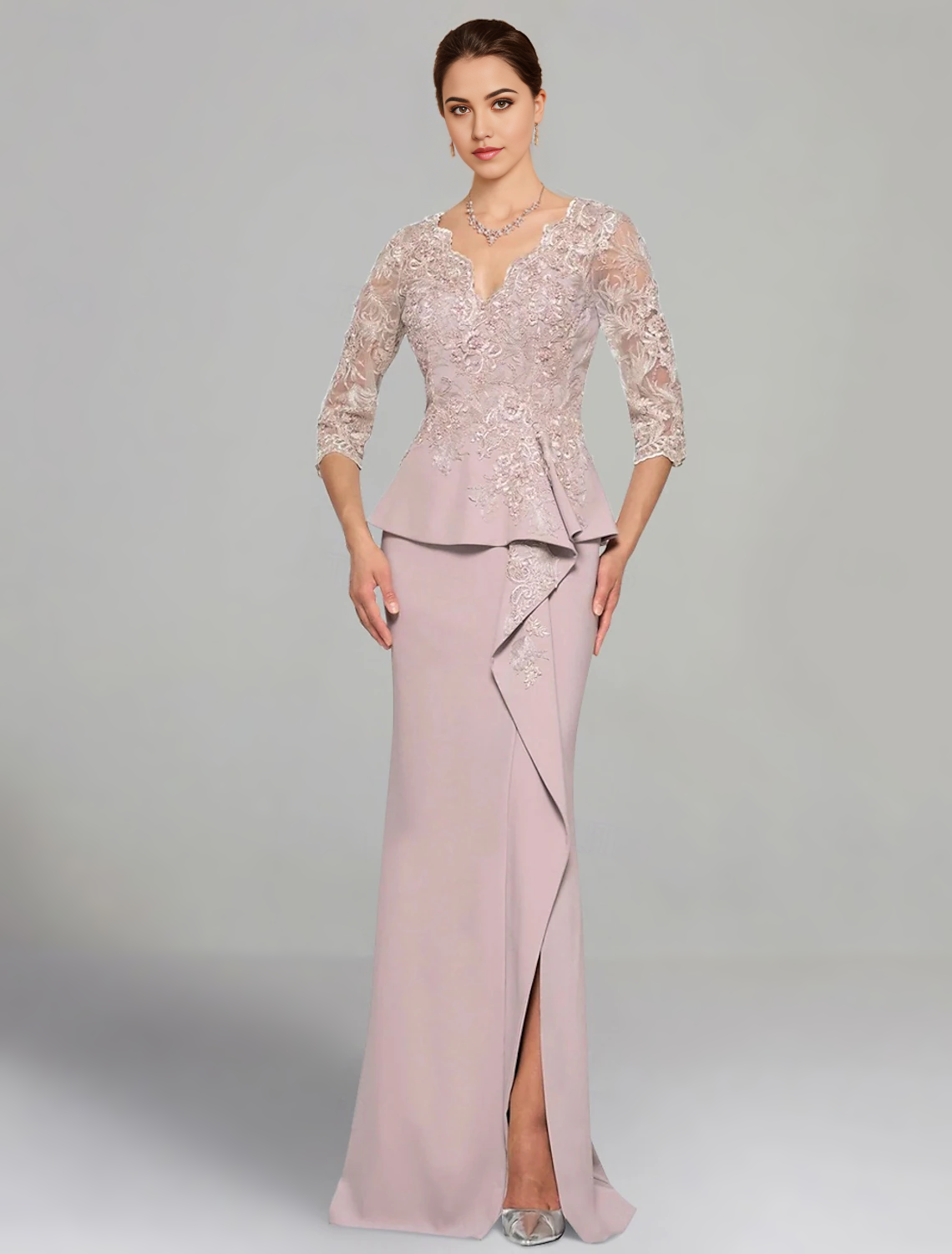 Sheath / Column Dress Mother of the Bride Dress Elegant V Neck Floor Length Stretch Chiffon 3/4 Length Sleeve with Lace Pleats Solid Color