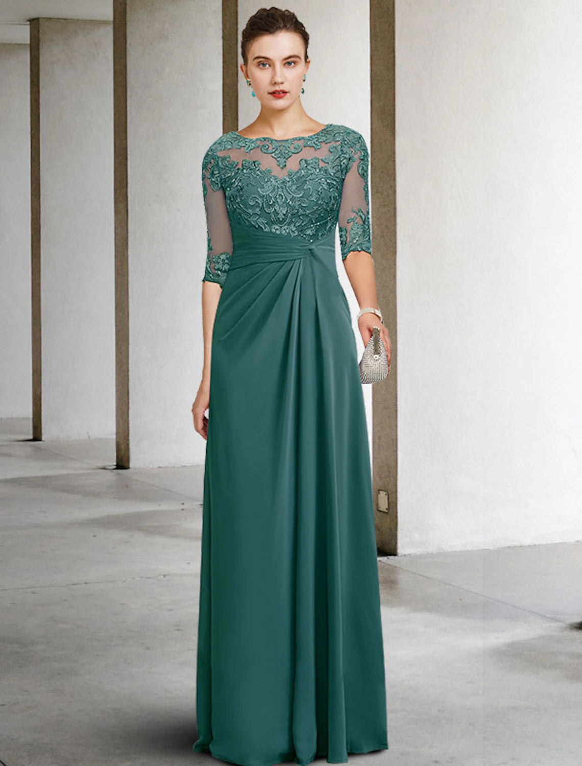 Vestido de madre de la novia con corte tubo/columna, para otoño, para invitadas de boda, talla grande, elegante, cuello joya, largo hasta el suelo, gasa, encaje, manga corta con apliques, drapeado lateral