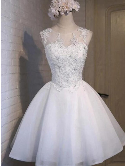Vestido de fiesta de corte A, floral, corto/mini, sin mangas, cuello joya, tul con apliques
