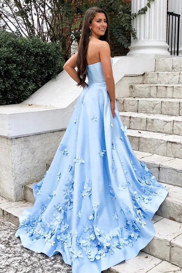 A-line Sweetheart Satin Long Prom Dresses with 3D Floral Applique