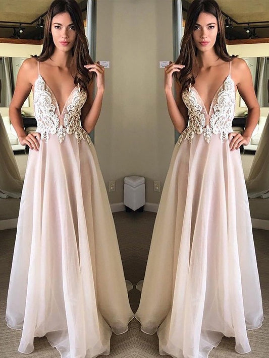 Vestidos de gasa con apliques, corte A, tirantes finos, sin mangas, cola larga y barrida