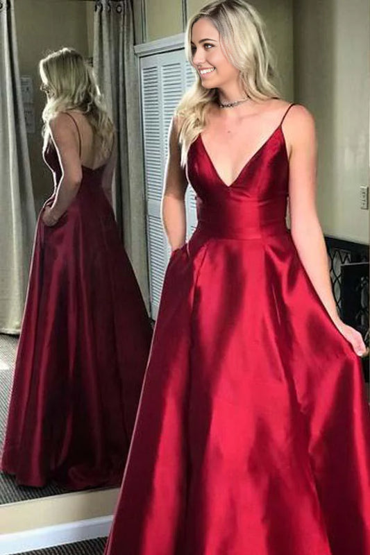Vestidos de fiesta de noche largos rojos con tirantes finos y corte en A