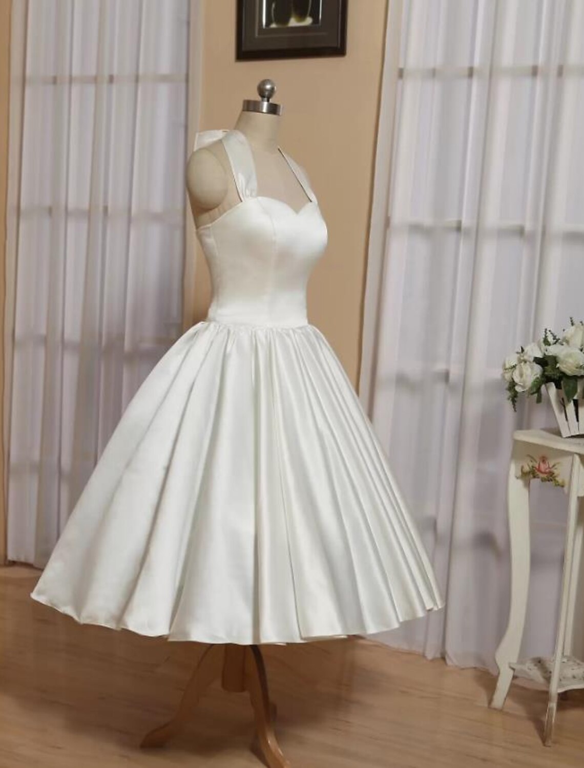 A-Line Minimalist Dress Wedding Guest Tea Length Sleeveless Square Neck Stretch Satin with Criss Cross