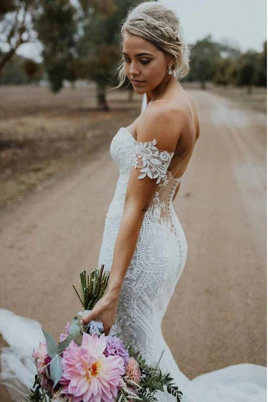 Mermaid V Neck Strapless Lace Appliques Ivory Ball Gown Bridal Dresse Wedding Dresses