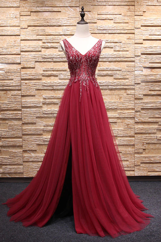 V neck beads tulle long prom dress