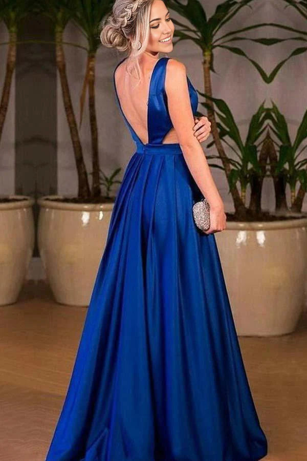 A-Line V-Neck Cut Out Pleated Satin Royal Blue Prom Dress