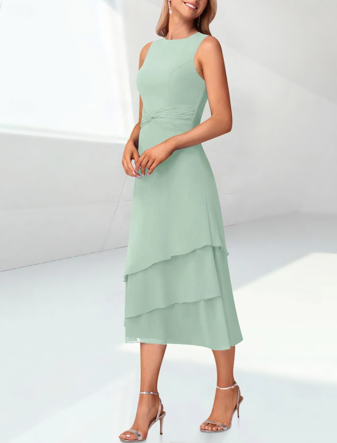 Sheath / Column Mother of the Bride Dress Elegant Jewel Neck Tea Length Chiffon 3/4 Length Sleeve Wrap Included with Ruching free custom size