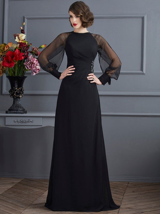Vestidos para madre de la novia de gasa con escote redondo, mangas largas, cola larga y apliques de cuentas