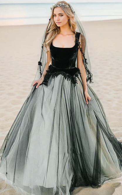 A-Line Beach Lace Tulle Square Neck Floor Wedding Dress with Keyhole Back