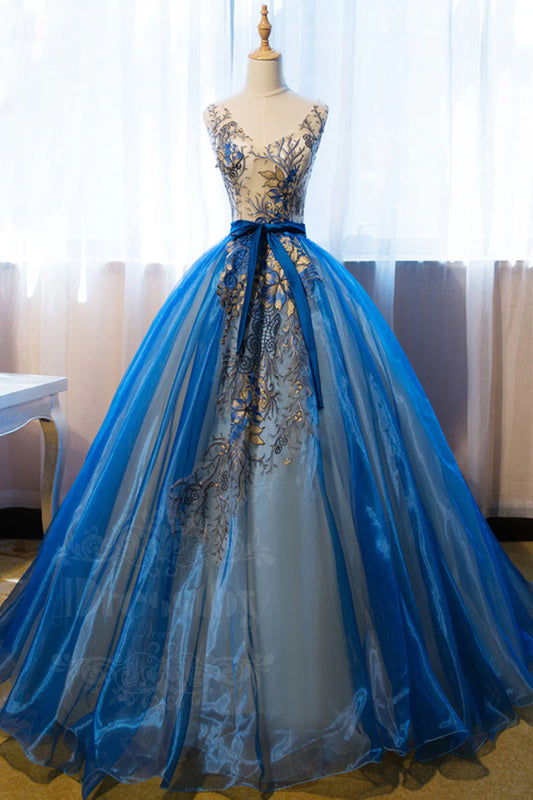 Unique v neck embroidery long prom dress