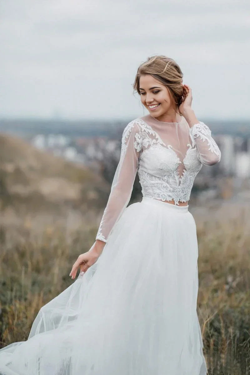 Two Piece Bohemian Illusion Sleeves Lace Court Train Wedding Dress