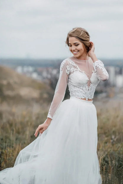 Two Piece Bohemian Illusion Sleeves Lace Court Train Wedding Dress