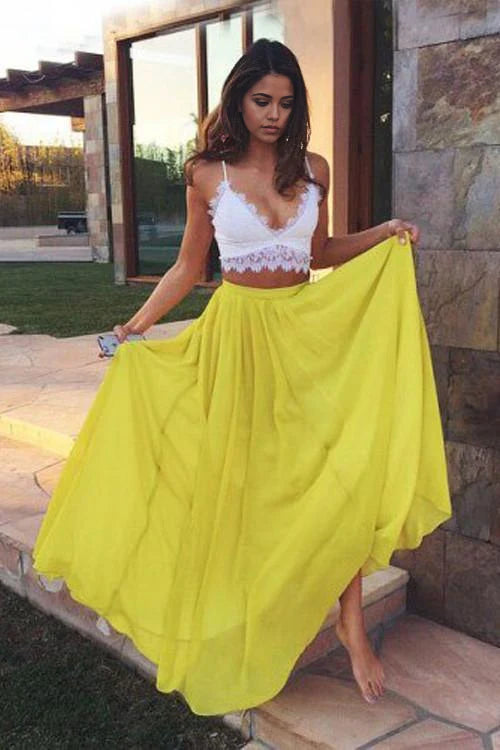 Two Piece Sweetheart Yellow Chiffon Lace formal dresses Prom Dresses Evening Dresses