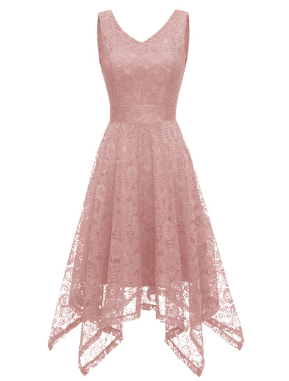 A-Line Cocktail Dresses Vintage Dress Party Wear Knee Length Sleeveless V Neck Lace with Pleats