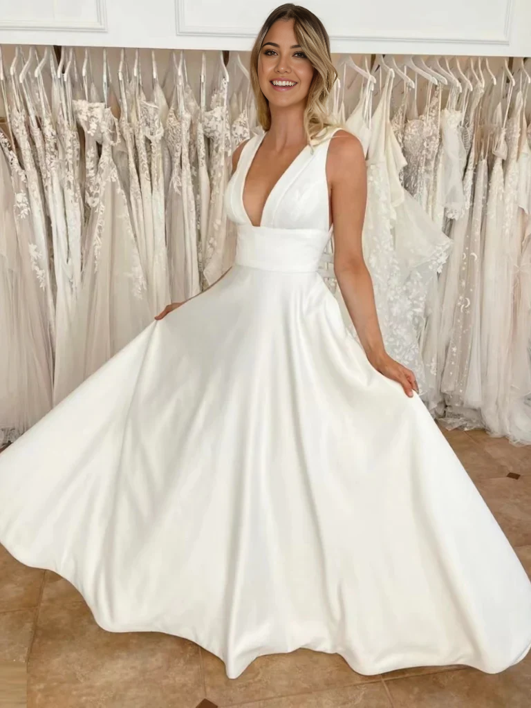 A Line V Neck White Satin Long Prom Dresses Formal Evening Dresses Wedding Dresses