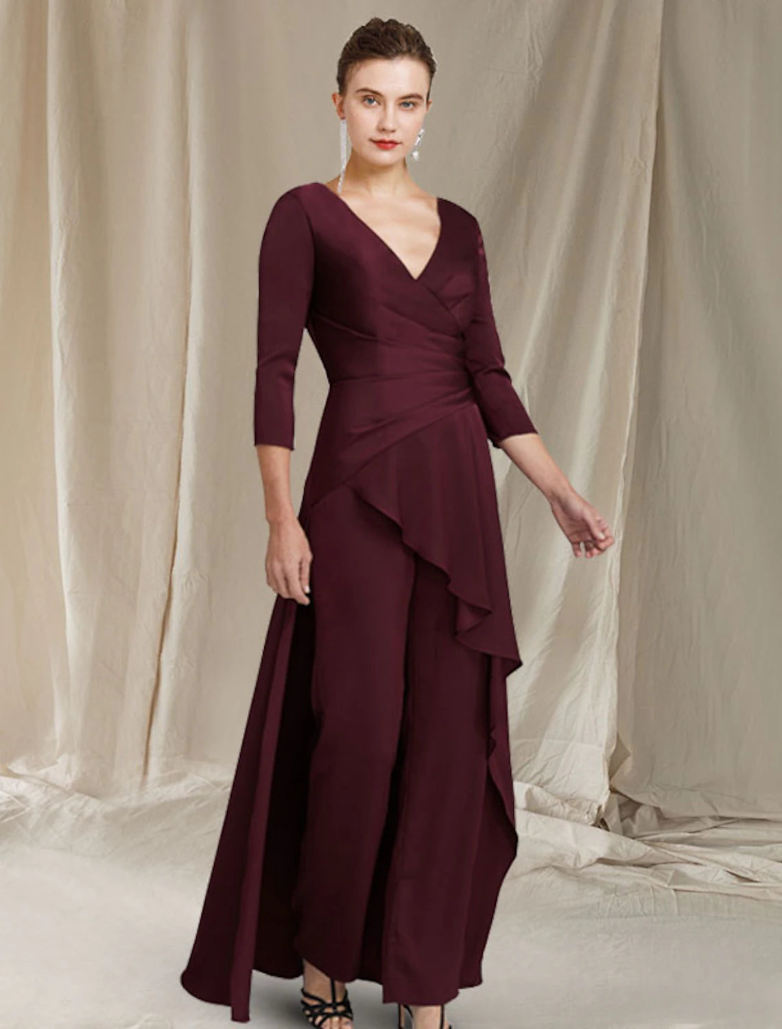 Jumpsuit / Pantsuit Mother of the Bride Dress Elegant V Neck Floor Length Chiffon 3/4 Length Sleeve with Ruched Ruffles
