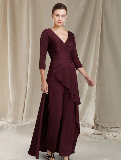 Jumpsuit / Pantsuit Mother of the Bride Dress Elegant V Neck Floor Length Chiffon 3/4 Length Sleeve with Ruched Ruffles