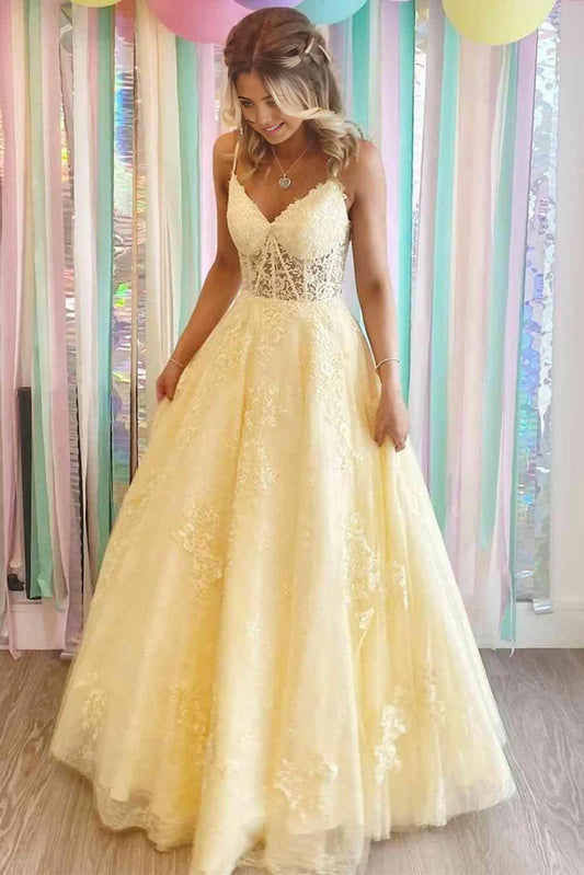 A-Linie V-Ausschnitt Applikationen Gelb Langes Ballkleid Abendkleid