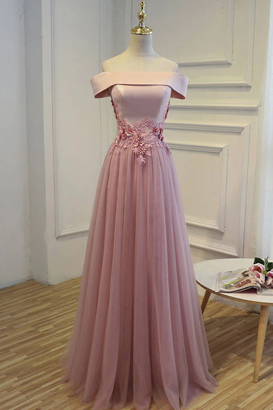 A-line off shoulder tulle long prom dress