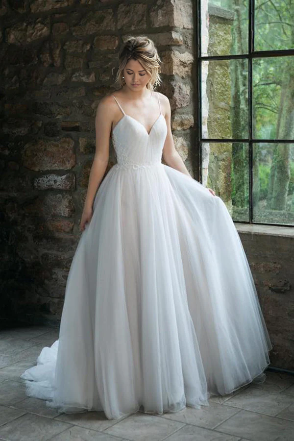 A-line Spaghetti Straps V Neck Tulle Floor Length Ball Gown Bride Dresses Wedding Dresses