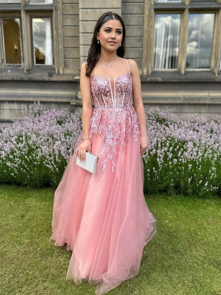 A Line V Neck Pink Lace Long Prom Dresses Long Formal Evening Dresses