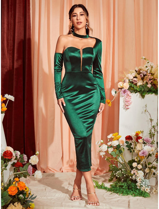 Vestido de fiesta de sirena/trompeta, sexy, para boda, fiesta, largo hasta la rodilla, manga larga, un hombro, satén elástico con abertura fruncida