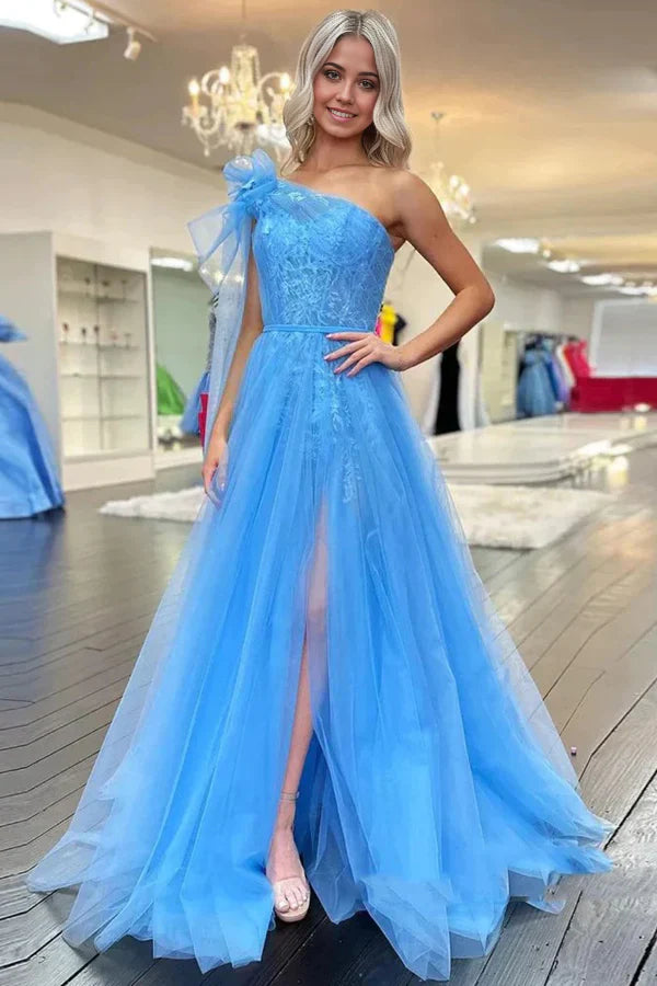 A-line One Shoulder Lace Long Prom Dresses with Slit