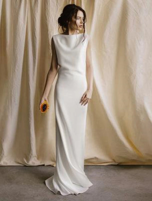 Reception Open Back Casual Wedding Dresses Sheath / Column Scoop Neck Sleeveless Sweep / Brush Train Satin Bridal Gowns With Solid Color