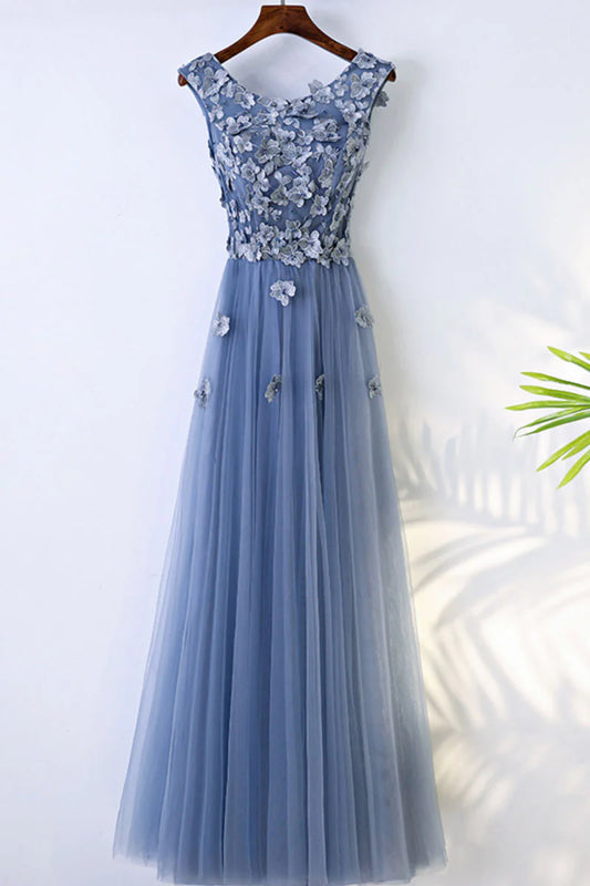 Round neck tulle lace applique long prom dress