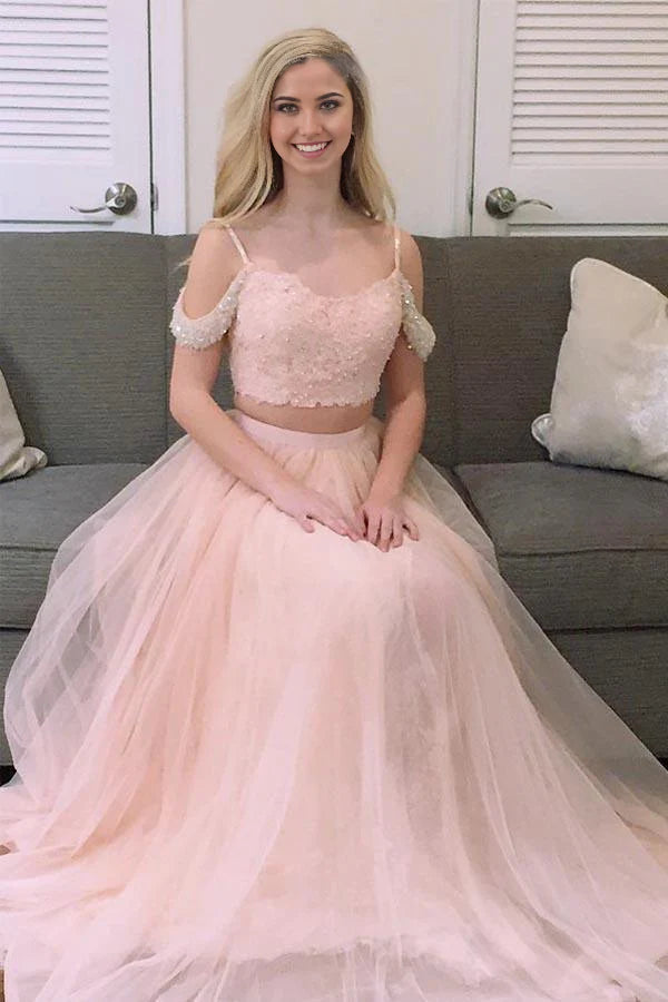 Two Piece Princess Pink Tulle Long Prom Dress Evening Dress