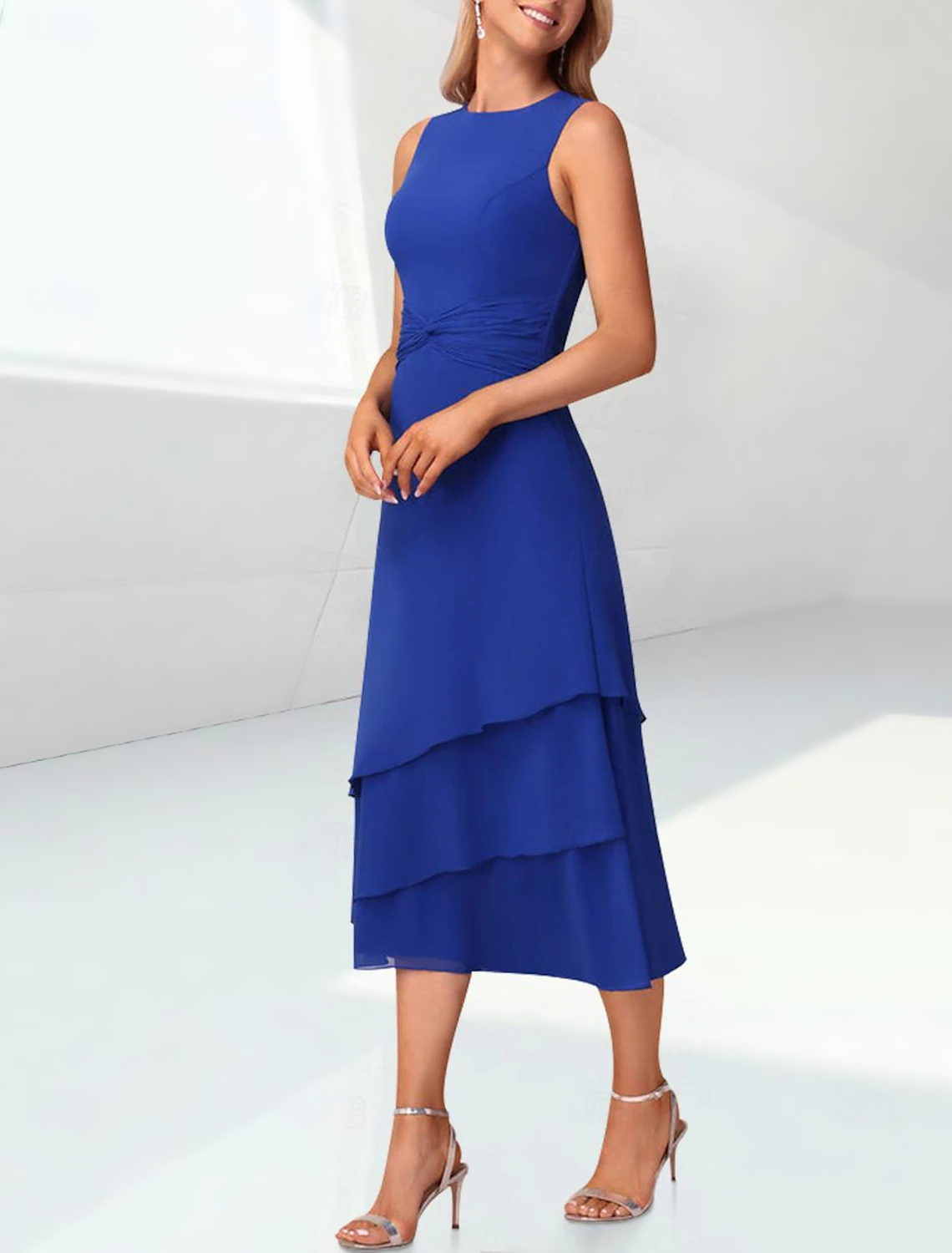 Sheath / Column Mother of the Bride Dress Elegant Jewel Neck Tea Length Chiffon 3/4 Length Sleeve Wrap Included with Ruching free custom size