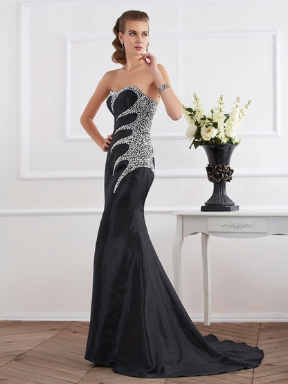 Mermaid Taffeta Strapless Sleeveless Sweep/Brush Train With Beading Dresses