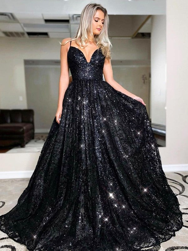 Vestidos de lentejuelas sin mangas con escote en V y corte princesa hasta el suelo