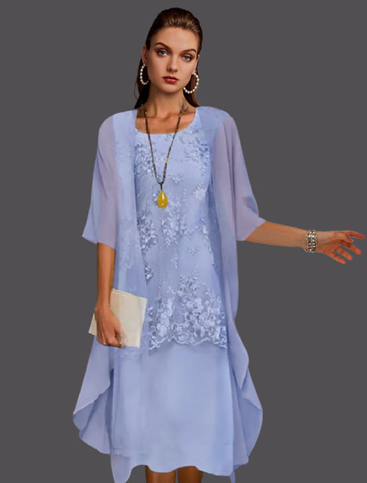 Two Piece Sheath / Column Mother of the Bride Dress Wedding Guest Elegant Jewel Neck Tea Length Chiffon Lace Sleeveless Jacket Dresses with Appliques