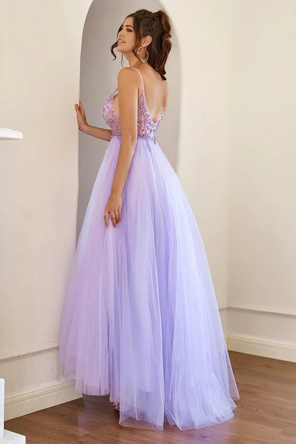 A-Line Tulle Split Lilac Long Prom Formal Dress With Beading