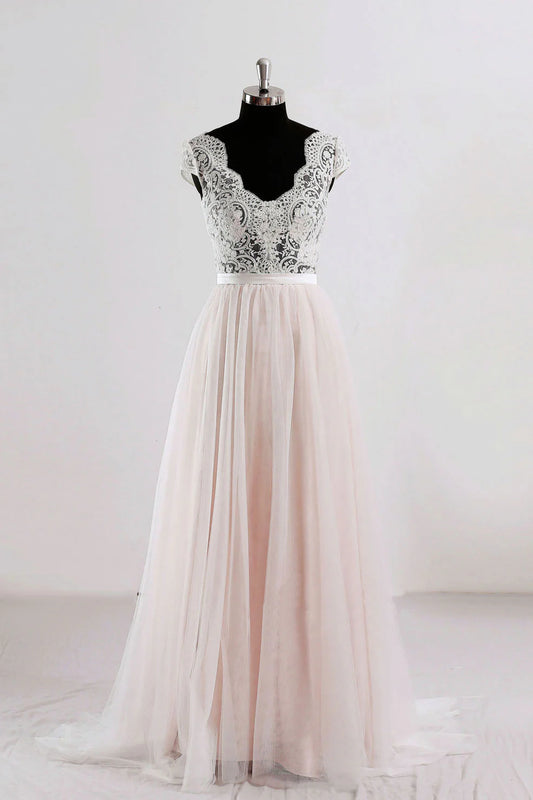 V neck lace tulle long prom dress