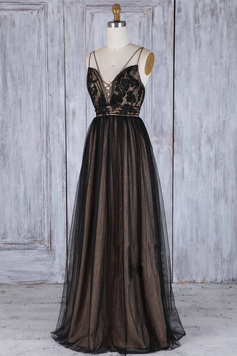 V neck lace tulle long prom dress