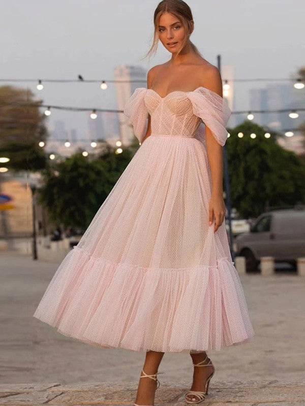 A-Line/Princess Tulle Ruffles Off-the-Shoulder Sleeveless Tea-Length Homecoming Dresses