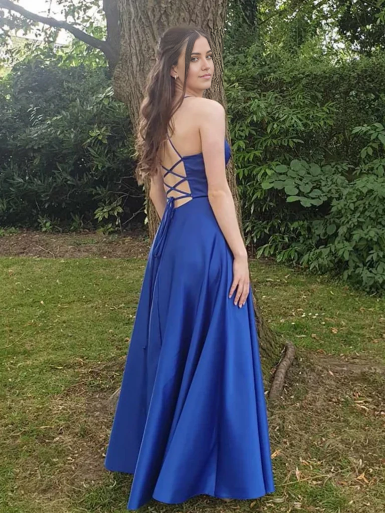 A Line V Neck Backless Open Back Royal Blue Long Prom Dresses Formal Evening Dresses