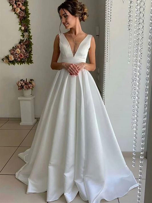 A-line White v neck satin long formal evening dress prom dress Wedding Dresses
