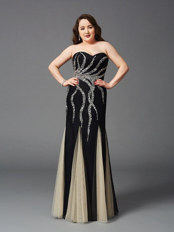 Sheath Chiffon Sweetheart Sleeveless Floor-Length With Beading Plus Size Dresses