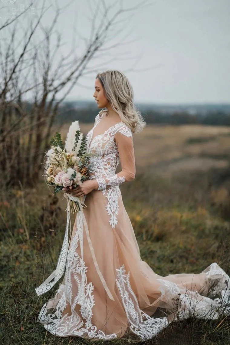 Boho Mermaid V-Neck Long Sleeves Appliques Ball Gown Bride Dresses Wedding Dress