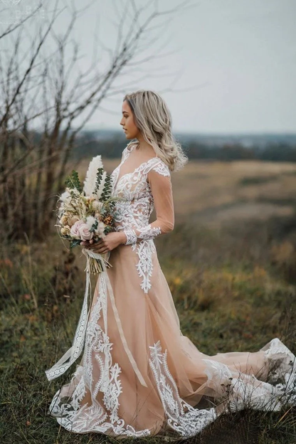 Boho Mermaid V-Neck Long Sleeves Appliques Ball Gown Bride Dresses Wedding Dress