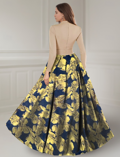 Gold Floral A-Line Brocade Vintage Mother of the Bride Dress Elegant V Neck Floor Length Stretch Fabric Long Sleeve with Ruched Flower